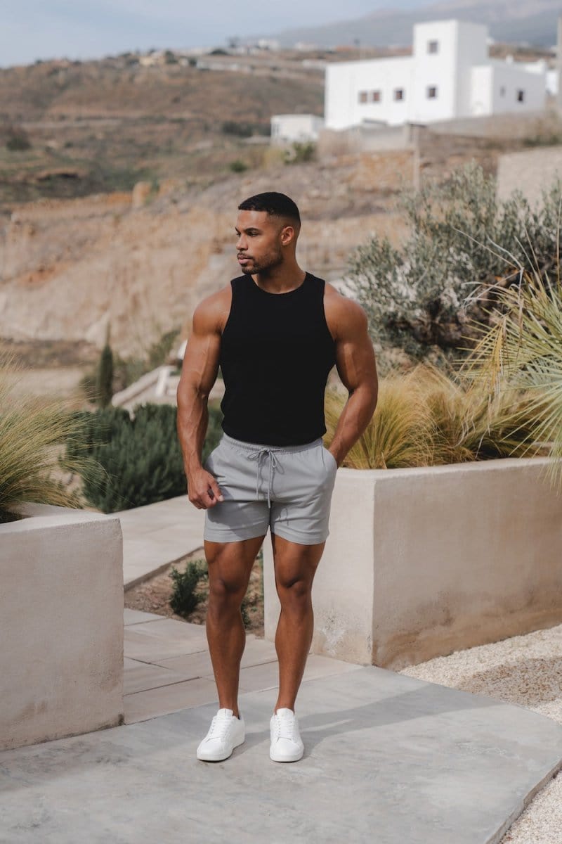 Muscle Fit Drawstring Chino Short - Shorter Length in Pale Grey