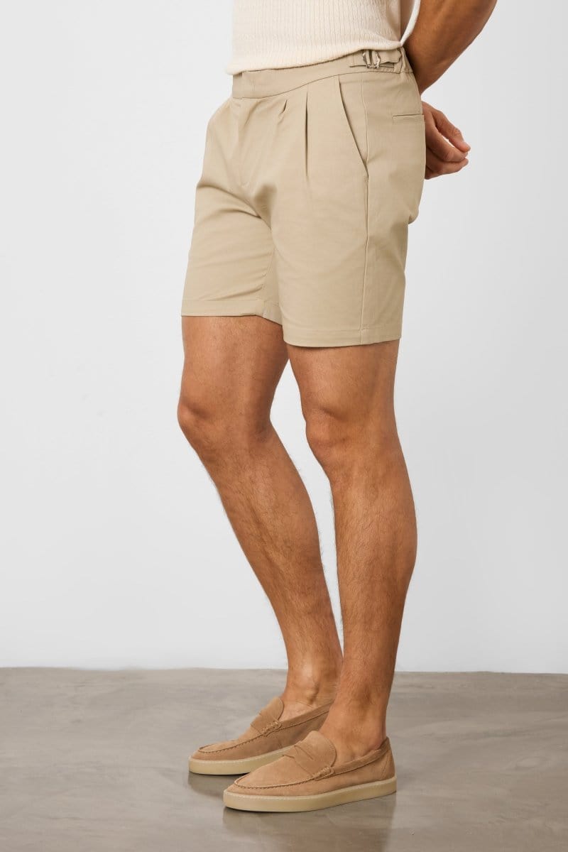 Smart Pleated Cotton Side Adjust Short in Stone