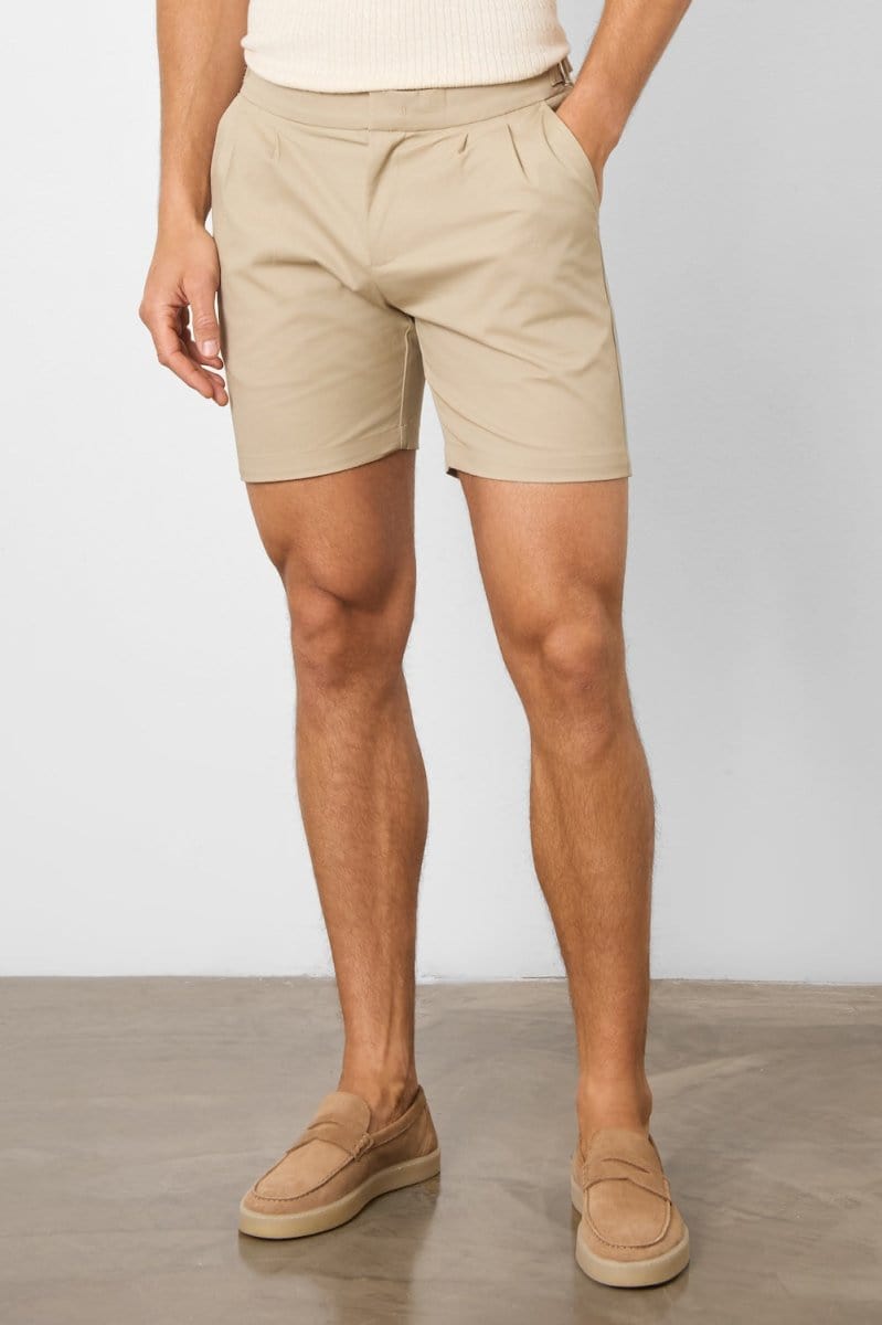 Smart Pleated Cotton Side Adjust Short in Stone