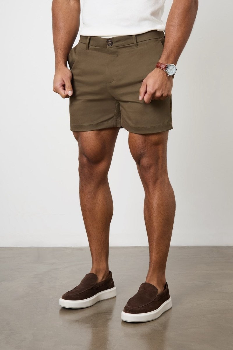 Muscle Fit Chino Shorts - Shorter Length in Khaki