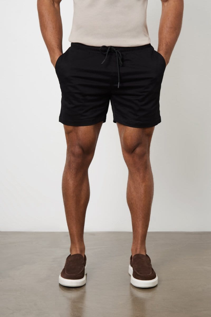 Muscle Fit Drawstring Chino Short - Shorter Length in Black