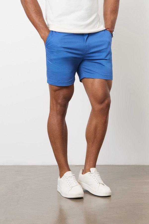 Muscle Fit Chino Shorts - Shorter Length in Mid Blue