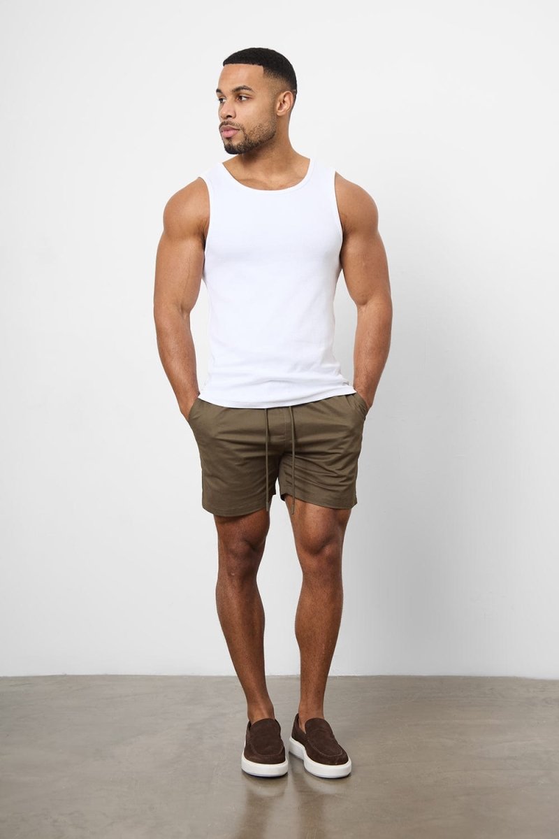 Muscle Fit Drawstring Chino Short - Shorter Length in Khaki